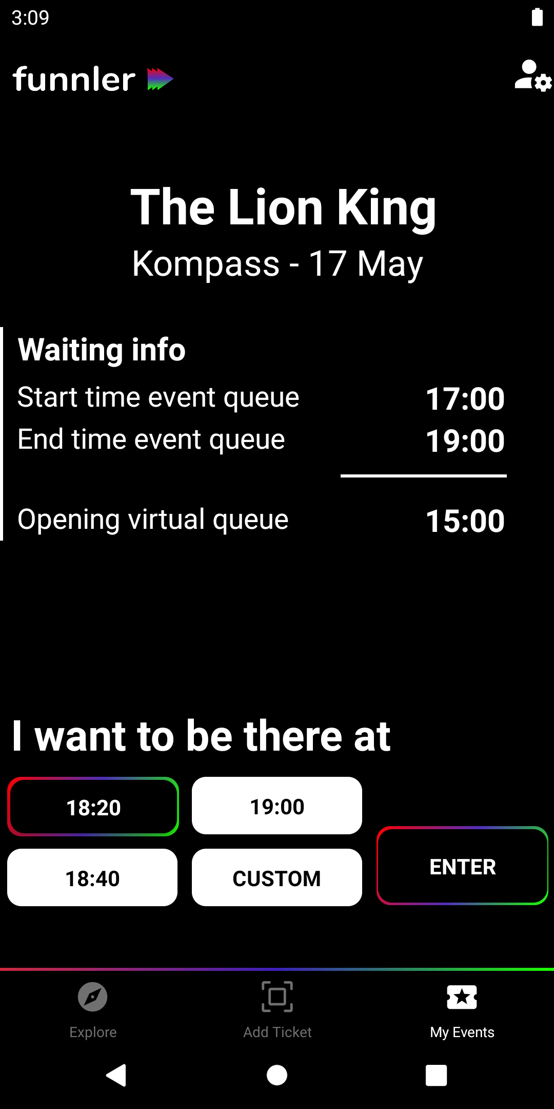 Enter event screen